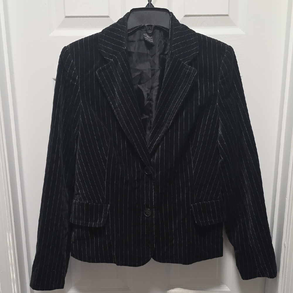 Women's Black Pinstripe Velvet Blazer - Tailored Notch Lapel